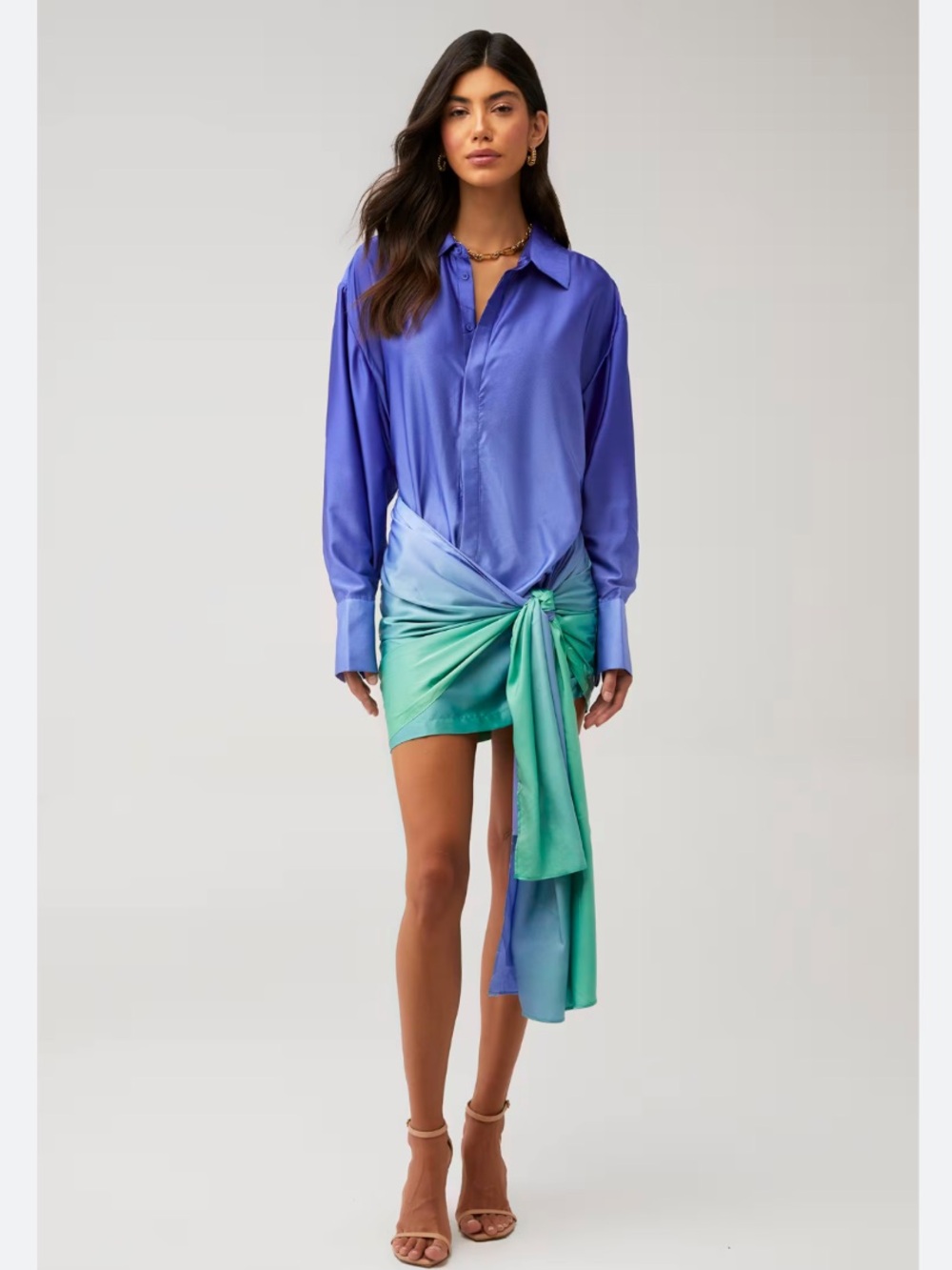 Bardot Malira Ombre Purple Teal Satin Side Sash Mini Shirt Dress NEW Size 10 US